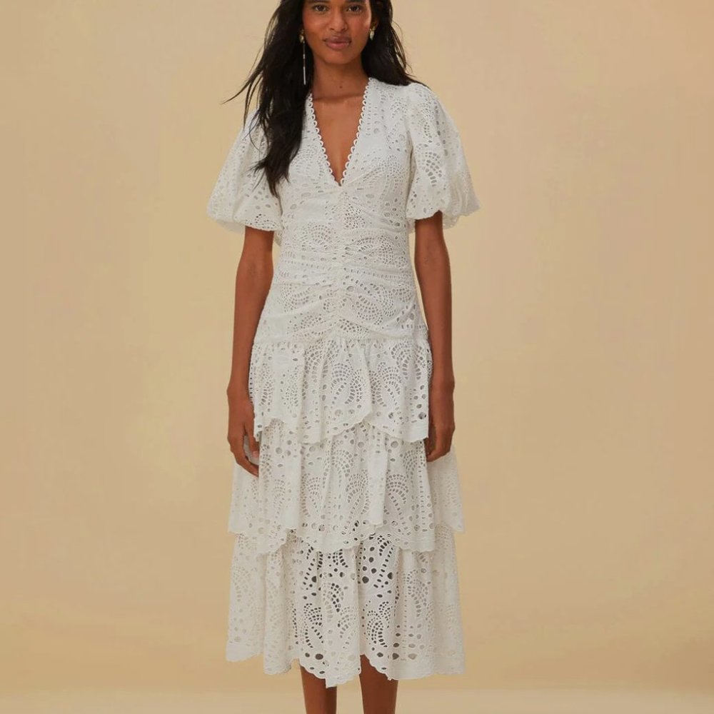 worn ONCE! - FARM Rio White Cotton Eyelet Puff Sleeve Midi Dress - XL